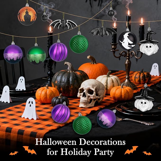 68pcs Halloween Ornaments for Small Tree,Shatterproof Halloween Christmas Tree Decorations Hanging Ball Ornaments Set with Bat and Witch Decor for Party Indoor Home Decor
