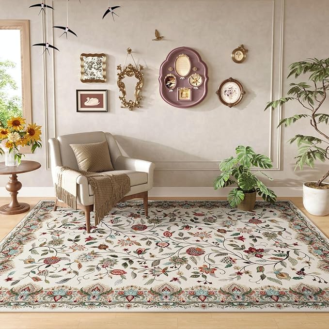 Rugcomf Vintage Paisley 3'x5' Area Rug - Machine Washable, Non-Slip Low Pile Small Floral Carpet for Bedroom, Bedside, Kitchen, Entryway, Kids/Girls Room, Office - Beige