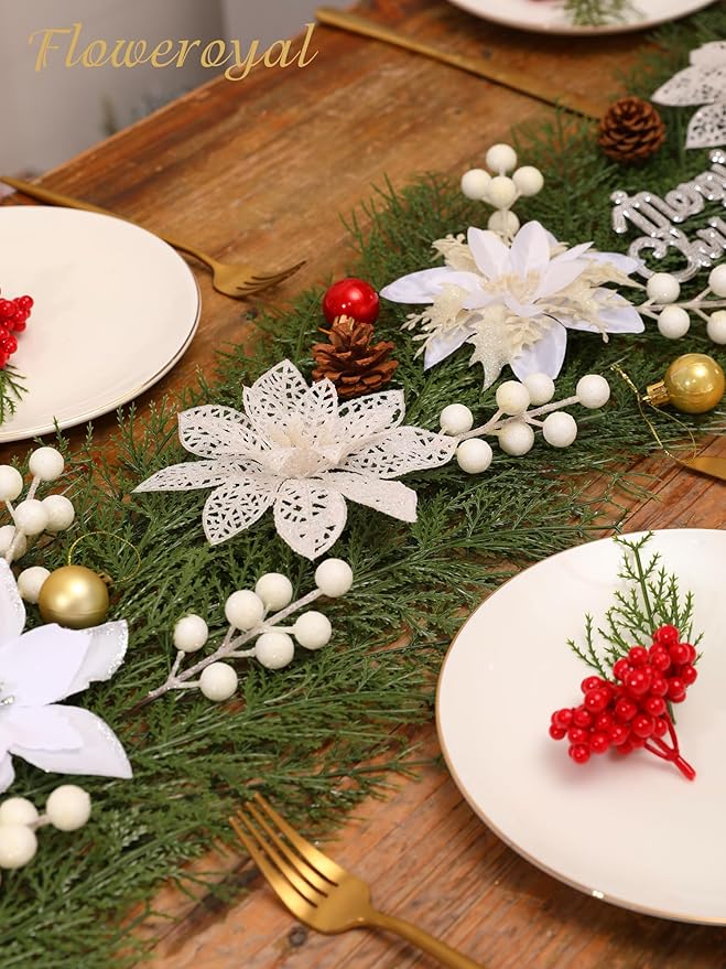 Floweroyal 60pcs Poinsettia Artificial Christmas Flowers Decorations with Clips and Berry Stems Glitter Ornaments for Christmas Tree Wreath Fireplace Stairs Decor (White-3 Styles)