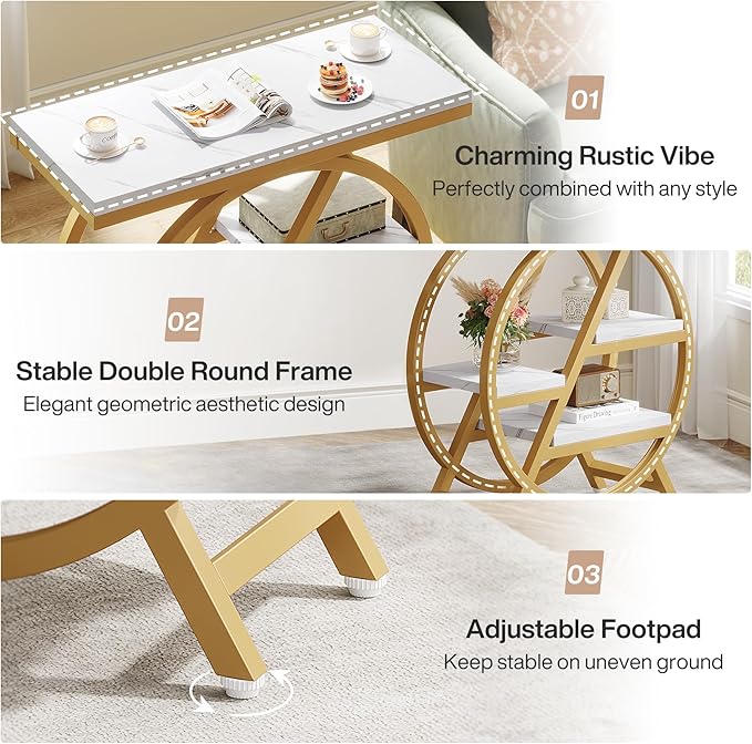 Tribesigns End Table Set of 2, Modern Faux Marble Side Table for Living Room, 3 Tier Narrow Sofa Side Table with Storage and Metal Frame, Nightstand and Bedside Table for Bedroom, Gold & White