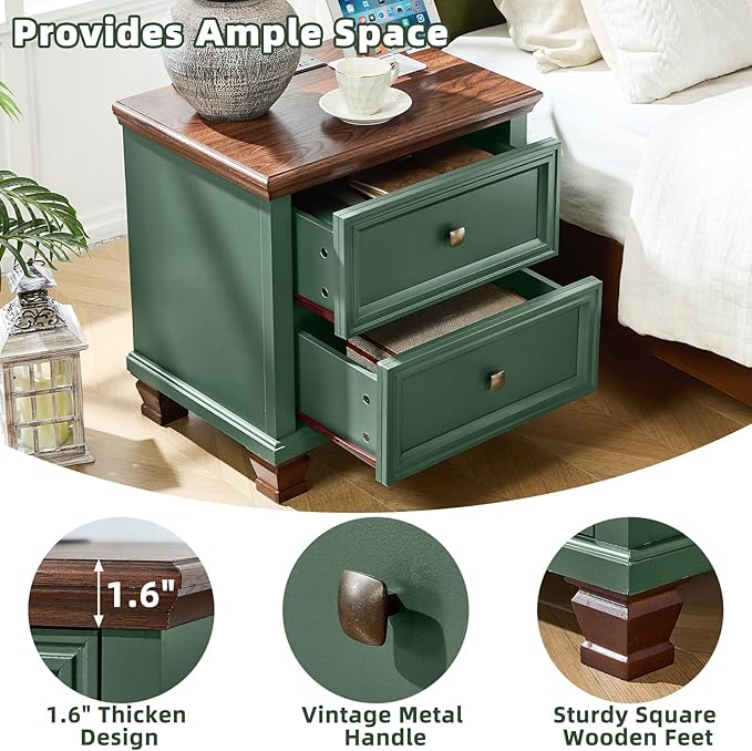 Farmhouse Nightstand with Charging Station, Rustic Low Night Stand with 2 Drawers, Mid-century Modern End Table with 4 Square Solid Wood Legs, Small Vintage Dresser for Bedroom, Home, Green