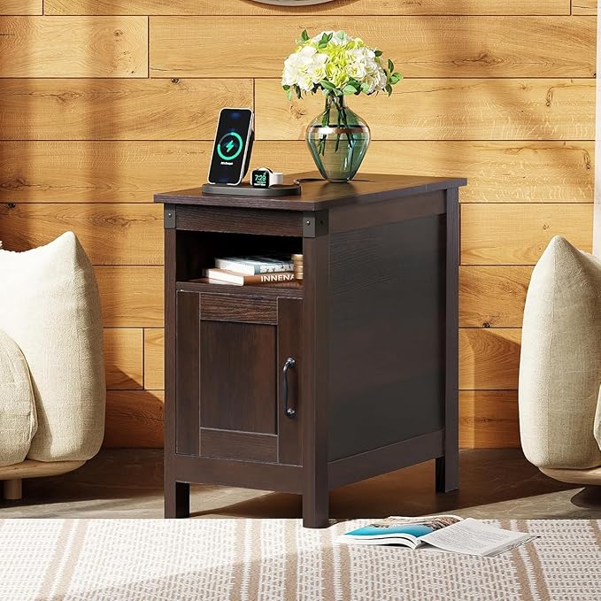 WLIVE Narrow End Table Set of 2 With Charging Station, Side Tables for Living Room, Small Spaces, Couch, Night Stand Set With Storage, USB Ports and Outlets, Espresso