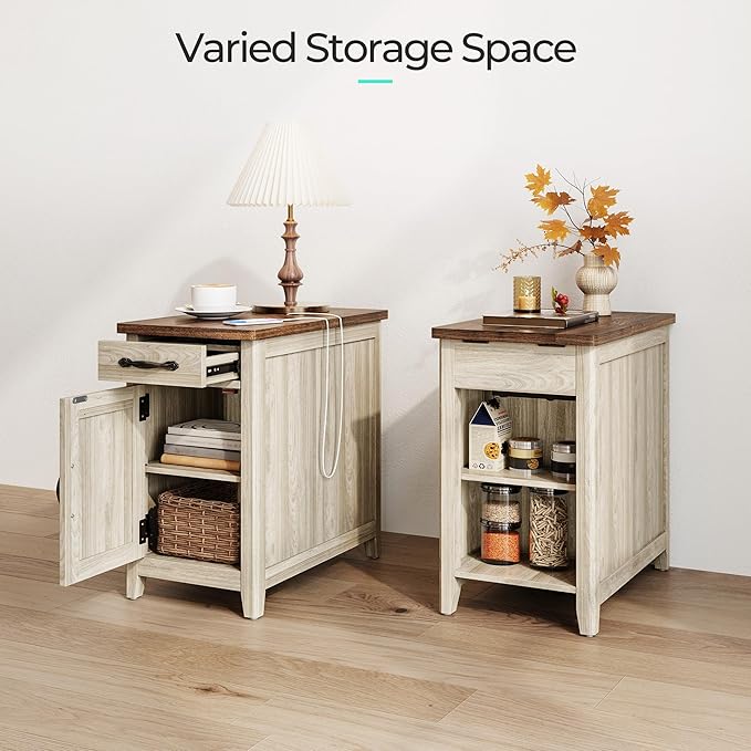 LINSY HOME Farmhouse End Table with Charging Station, Narrow Side Table for Living Room, Sofa Side Table with Drawer and Storage Cabinet, Small Nightstand for Home Office