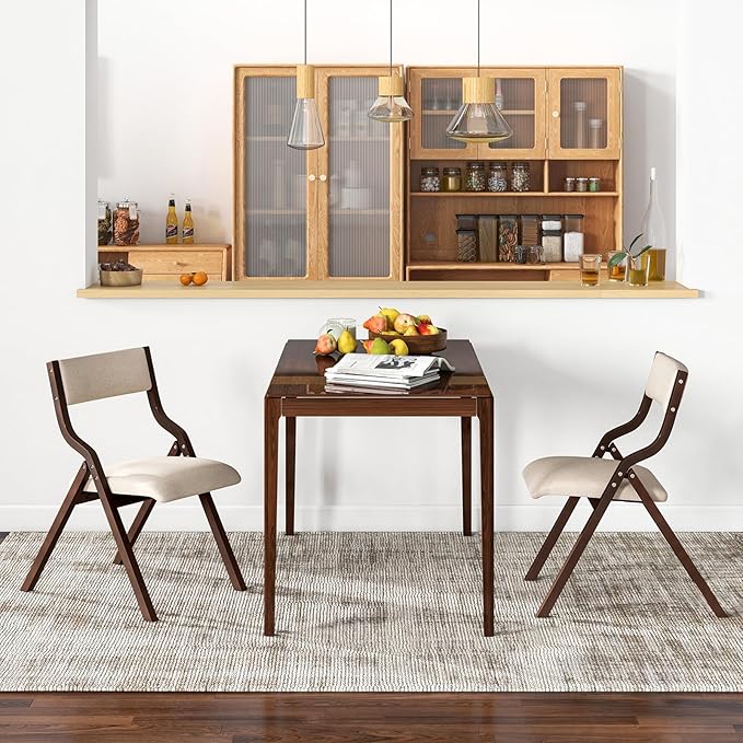 Giantex Folding Dining Chairs Set of 2, No Assembly Required with Linen Padded Seats, Wooden Foldable Kitchen & Party Chairs, Easy to Store for Extra Events
