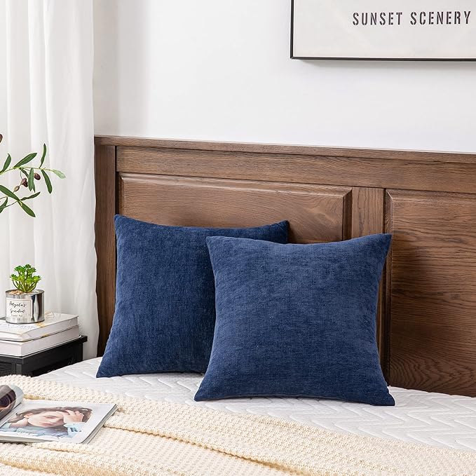 GAWAMAY Decorative Chenille Throw Pillow Covers 24x24 Inch Pack of 2, Soft Square Couch Pillow Cover for Sofa Cushion Living Room Bedroom Solid Dyed Pillowcases Navy Blue 60x60cm (ONLY Covers)