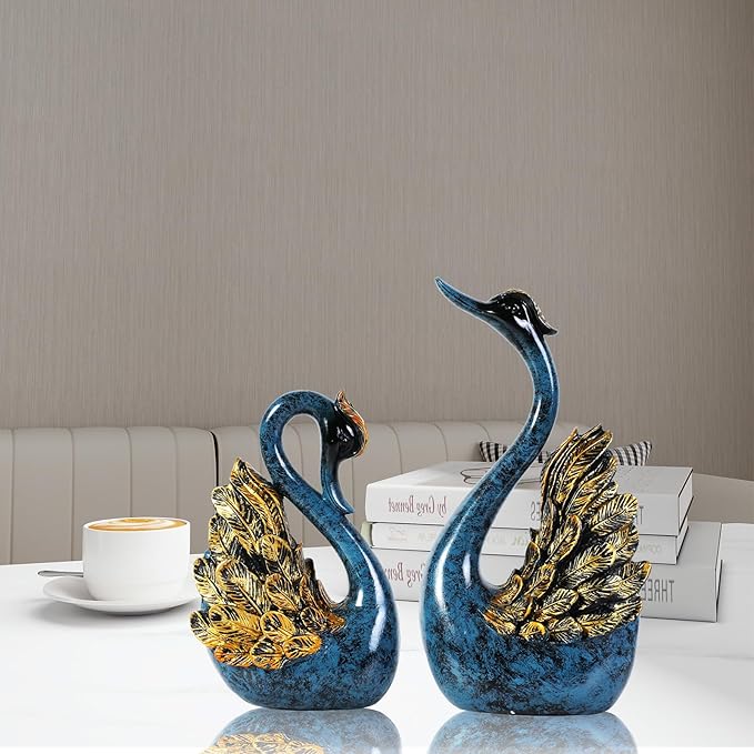 2pcs Swan Statues Couple's Home Decorations for Living Room Decor and Accessories, Sculptures Home Decor for Coffee Table, Book Shelf Decor Accents (Blue)