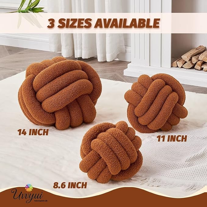 Uvvyui Knot Pillow Ball, Soft Home Decorative Pillows, Round Throw Pillow, Handmade Knotted Plush Pillow, Round Boucle Pillow Cushion (8.6 Inches Caramel)