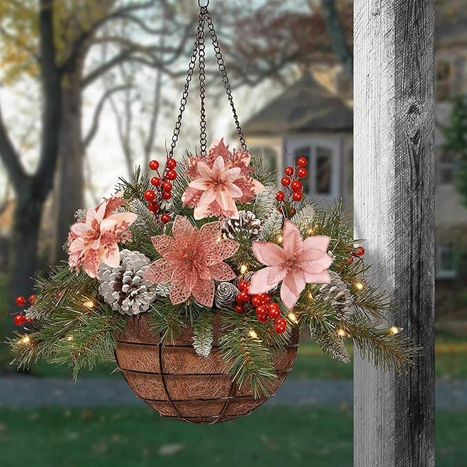 Floweroyal 60pcs Poinsettia Artificial Christmas Flowers Decorations with Clips and Berry Stems Glitter Ornaments for Christmas Tree Wreath Fireplace Stairs Decor (Rose Gold-3 Styles)