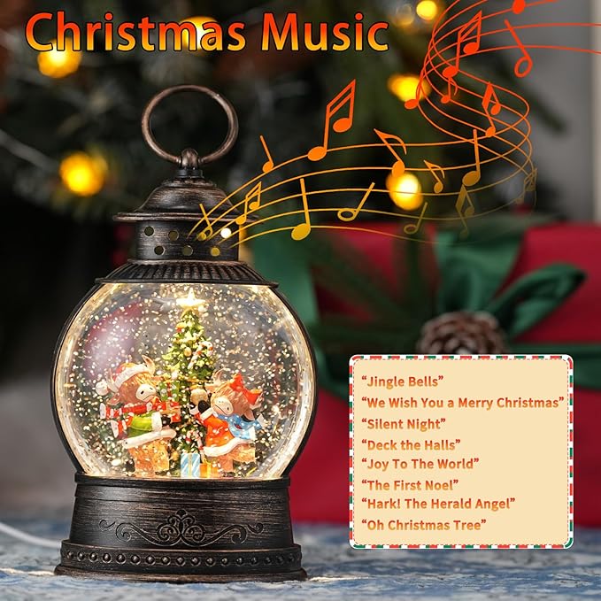 Christmas Snow Globes Lantern, Winter Scene with Yak Christmas Tree, Musical Snowglobe with LED Lights & 6h Timer Swirling Glitter Decortaions Gifts, USB/Battery Powered