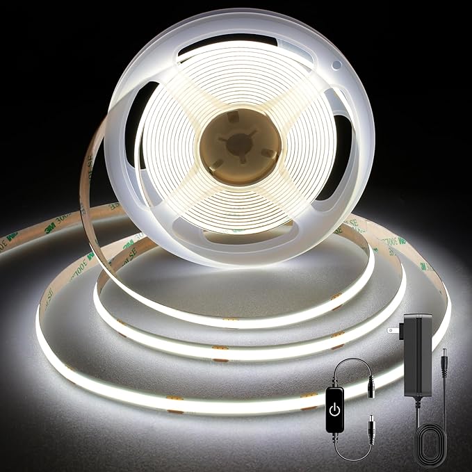 COB LED Strip 5m,16.4ft LED Strip Lights,Touch Dimmable LED Strips,CRI90+,6000K Daylight White LED Tape Lights,1600LEDs,24V cob led,Indoor for Bedroom,Kitchen,TV,Mirror,Cabinet