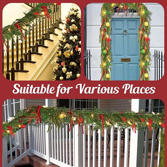 Christmas Garland with Lights for Mantle, 6 Ft Norfolk Pine Garland with 9 Christmas Bows and 2 LED Strings, Prelit Garland for Decoration Christmas, Table, Stairs, Indoor, Outdoor Decor