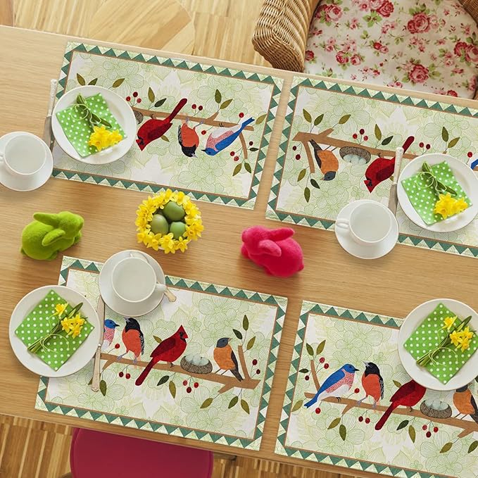 Seliem Spring Birds Tree Branches Placemats Set of 4, Cardinal Bluebird Bullfinch Dining Table Place Mats, Summer Seasonal Farmhouse Kitchen Decor Home Decoration 12 x 18 Inch