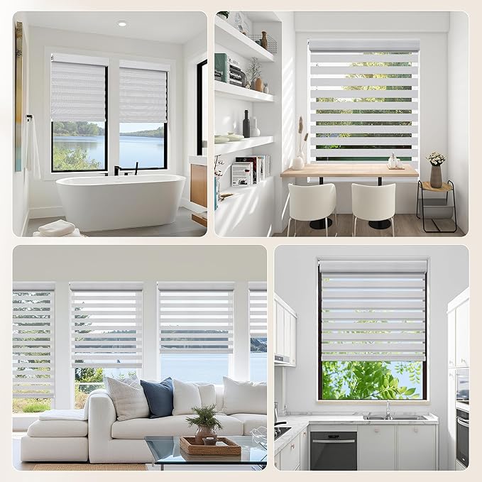 Grandekor No Drill Zebra Blinds for Windows,Cordless Zebra Shades Dual Layer, Pull Down Roller Shades Free-Stop,Custom Sizes,Textured White,Easy to Install for Home, Office, Bedroom