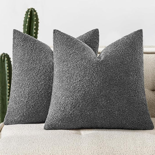 Woaboy Pack of 2 20x20 Inch Decorative Boucle Throw Pillow Covers Textured Square Pillowcaes Accent Solid Cozy Soft Cushion Covers Home Decor for Sofa Couch Living Room Home Decor,Dark Gray