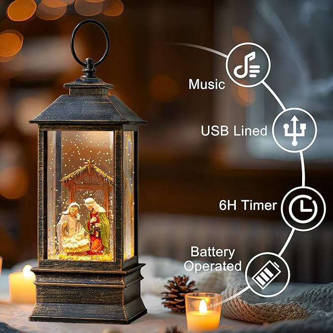 10.4" Christmas Snow Globe Water Lantern with Nativity Scene Battery Operated or USB Powered Musical Lighted Holiday Decoration for Tabletop Display for Family and Friends