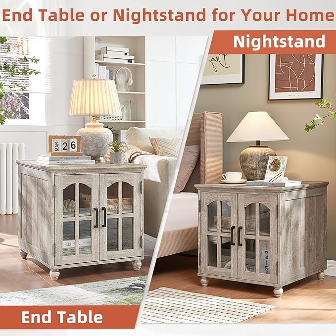 Farmhouse End Table with Charging Station,24" Large Sofa Side Table with Glass Barn Door,Rustic Wood Night Stand with Adjustable Storage Shelf,Square Bedside Table for Living Room,Bedroom Office