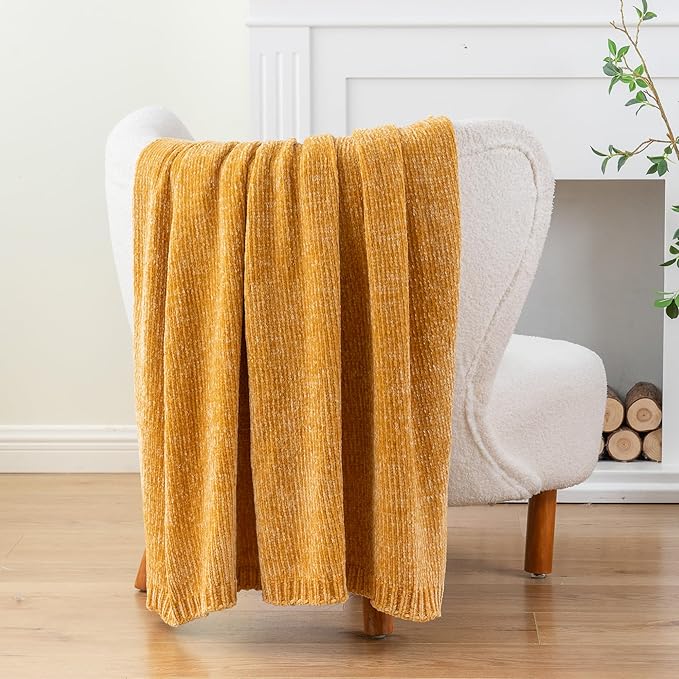 BATTILO HOME Mustard Yellow Throw Blanket for Couch, Knit Gold Chenille Throw Blanket for Sofa,Chair, Soft Cozy Spring Blanket for Bed,Home Decor, 51"x67"