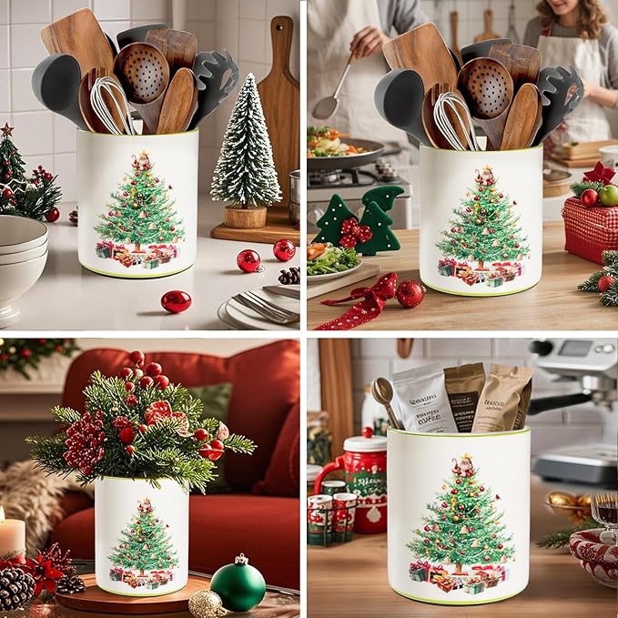 Christmas Utensil Holder, Christmas Tree Utensils Holder for Christmas Kitchen Decor, Xmas Cute Ceramic Utensils Crock for Rustic Farmhouse Indoor Kitchen Decorations