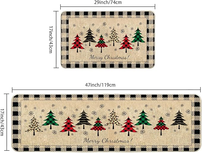 VAKADO Christmas Buffalo Plaid Door Mat (2-Pieces) Stain and Fade Resistant Non-Slip Rubber Backing Entrance Rug Easy to Clean for Kitchen Door Front Doormat (17x29 Inch,17x47 Inch)