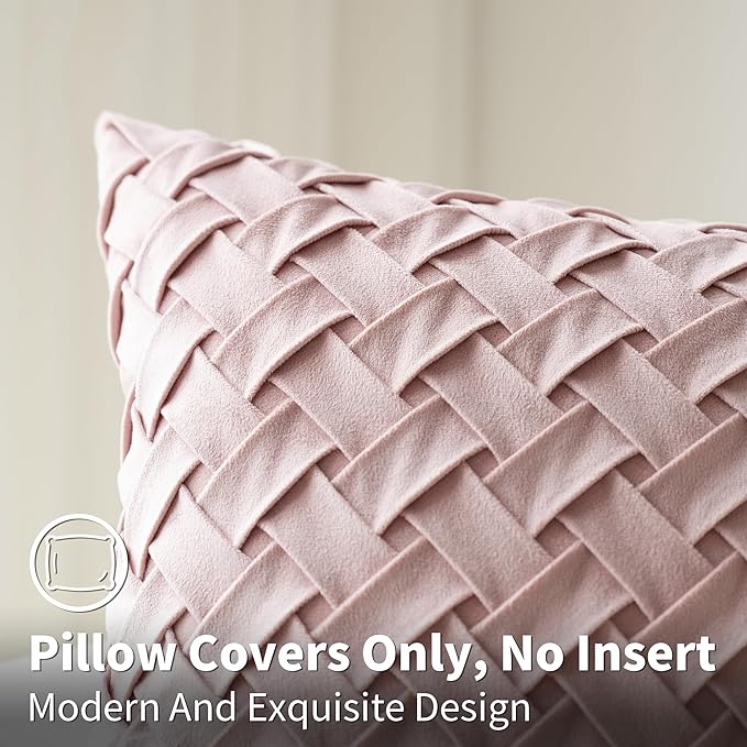Velvet Decorative Throw Pillow Covers Set of 2, 18x18 Inch Soft Modern Weave Cushion Case, Farmhouse Home Decor Pillowcase for Sofa Living Room Couch Bed Blush