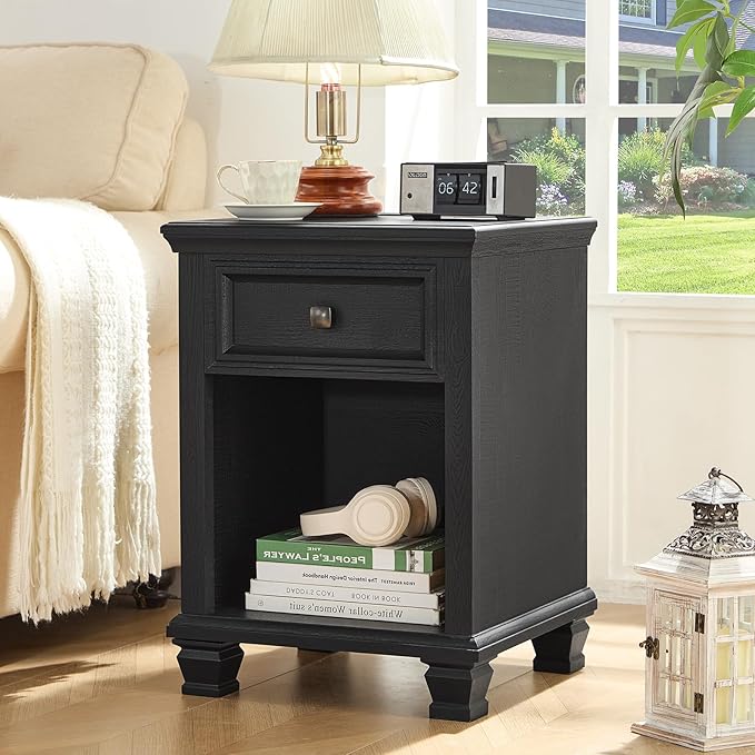 Farmhouse End Tables Living Room Set of 2, Rustic Wood Nightstand with 1 Drawer, Bedside Table with Open Shelf for Bed Room, Side Table for Living Room, Black