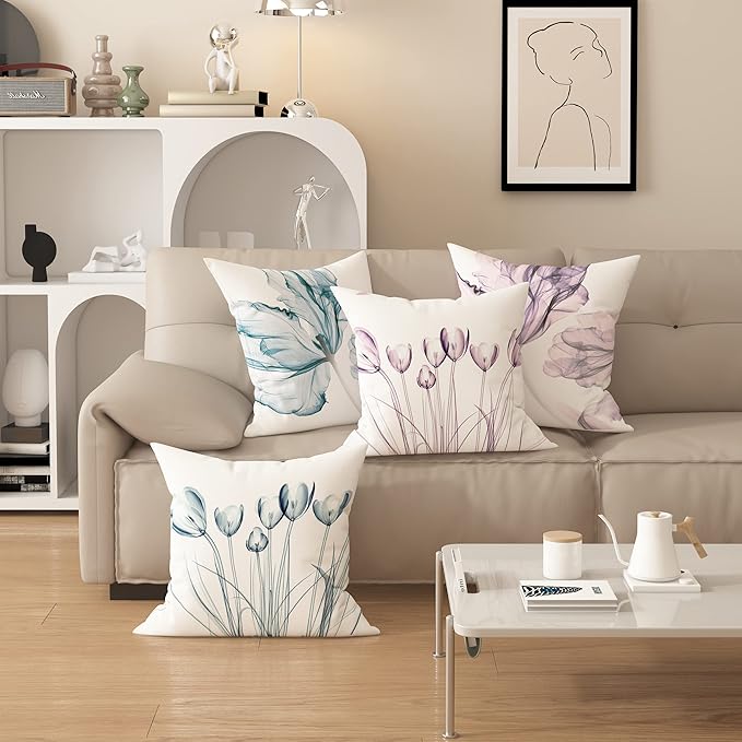 Textured Modern Minimalist Pillow Cover with Creative Floral Print, Digital-Printed Square Cushion Cover for Living Room Sofa (24 * 24inch-03025)