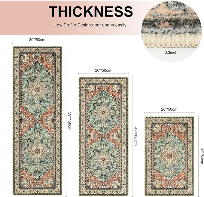 Yamaziot Boho Washable Kitchen Rugs Sets of 3, Non Slip Kitchen Mats for Floor with Rubber Backing, Waterproof & Stain Resistant Thick Carpet Runner Throw Rug for Kitchen, Laundry Room, Hallway