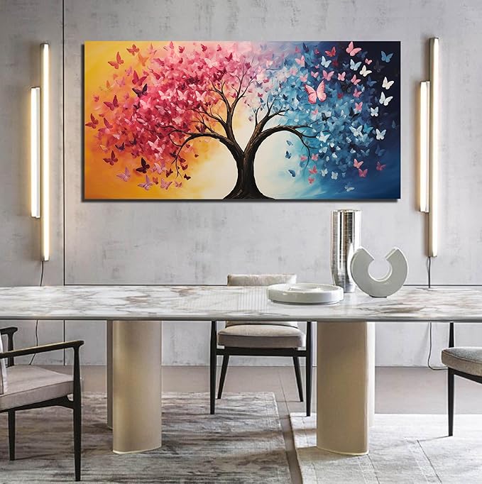 GUGIKA Tree Wall Art for Living Room, Pink Gold and Blue Butterflies Canvas Wall-Decor for Bedroom, Natural Picture Print for Hallway, Large Size 59x29 Inches
