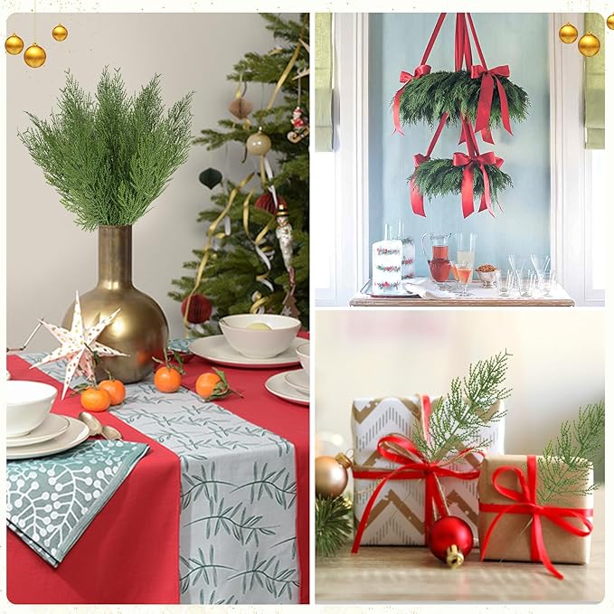 Hananona Artificial Pine Branches,40 Pcs Christmas Faux Cedar Stems, Artificial Faux Cedar Branches, Fake Christmas Greenery Pine Picks for Wreath Craft DIY Home Kitchen Decorations (40, Green)
