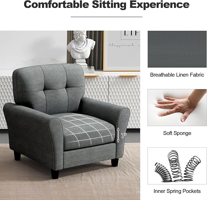 Giantex Modern Mid-Century Accent Chair - Linen Living Room Chair with Tufted Back, 7" Thick Cushion, Max Load 400 lbs, Upholstered Armchair with Non-Slip Foot Pads, Club Chair for Bedroom, Grey