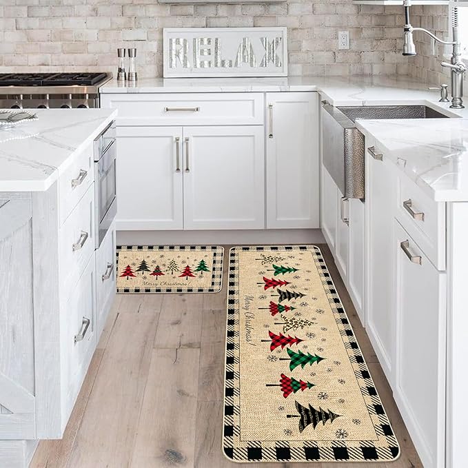 VAKADO Christmas Buffalo Plaid Door Mat (2-Pieces) Stain and Fade Resistant Non-Slip Rubber Backing Entrance Rug Easy to Clean for Kitchen Door Front Doormat (17x29 Inch,17x47 Inch)