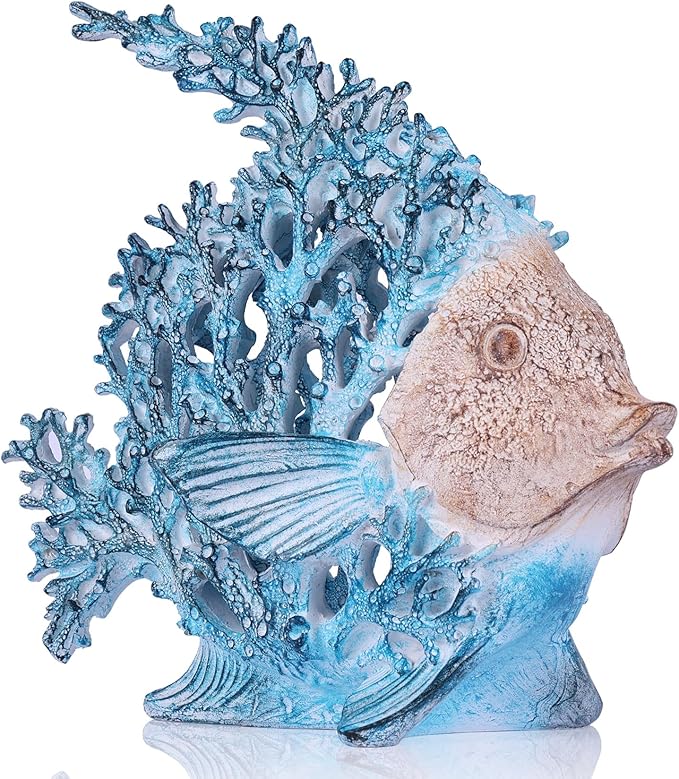 Beach Coastal Decor Turquoise Coral Reef Angelfish Figurines, Modern Nautical Decor Ocean Centerpieces for Living Room, Bathroom, Office, Coffee Table, Beach House, Seaside, Entrance, Shelf Decorative
