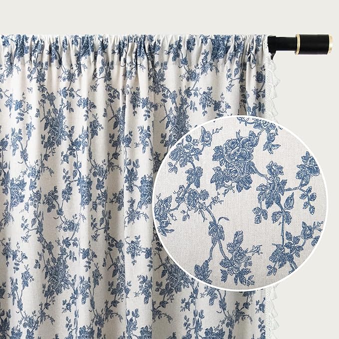 Vintage Blue Floral Curtains for Living Room 63 Inch Length Linen Blue Toile Curtain Rod Pocket French Country Drapes with Tassel Bedroom Window Curtain Set 2 Panels