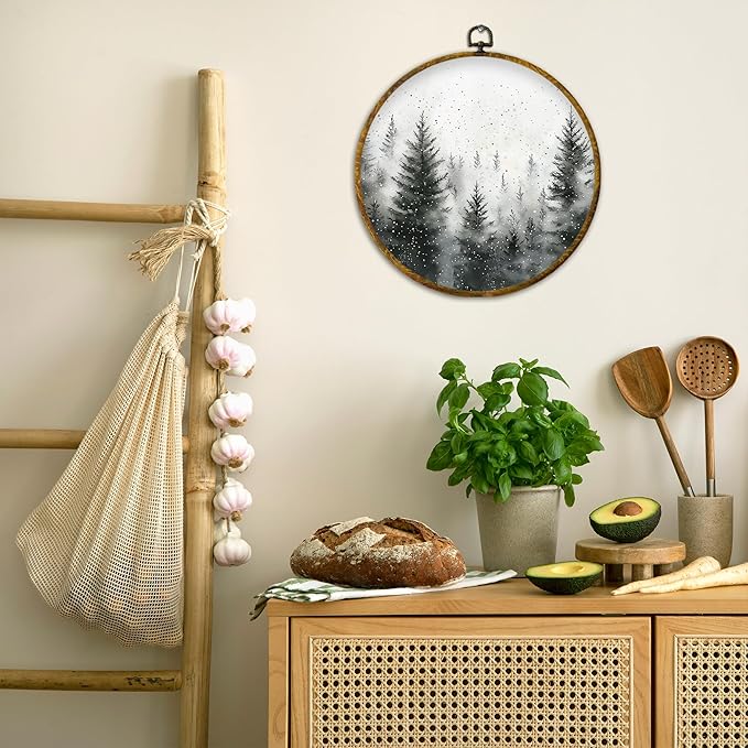 QZQE Pine Tree Winter Round Wall Art Decor Framed, Rustic Snowy Landscape Forest Circle Canvas Prints, Cozy Winter Farmhouse Christmas Wall Hanging Decor for Home Bedroom Living Room, 10x10 Inch