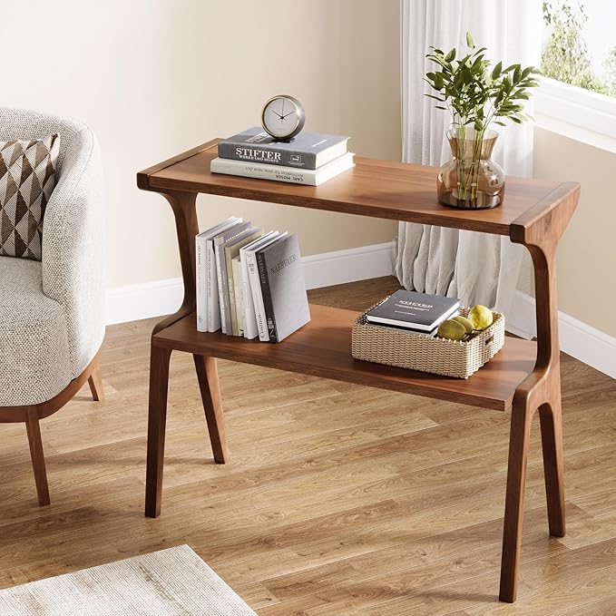Tribesigns Set of 2 Wood End Table, Farmhouse Narrow Side Table with Storage Shelves, 2-Tier Slim Couch Side Table for Living Room, Long Bedside Table for Bedroom, Small Spaces, Rustic Brown