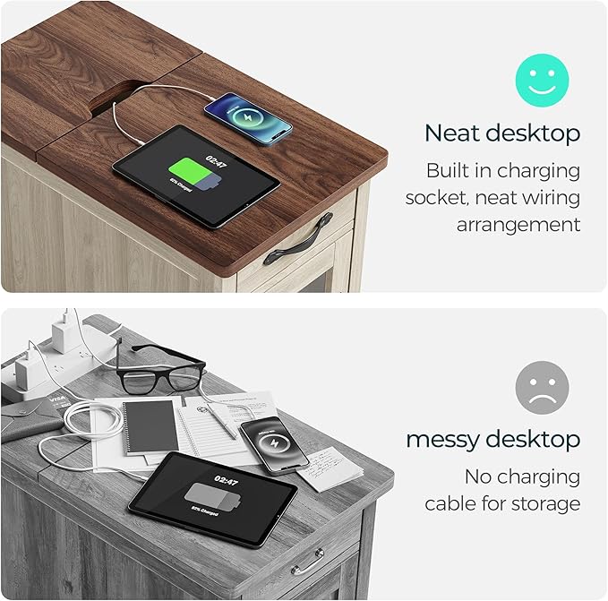 LINSY HOME Farmhouse End Table with Charging Station, Narrow Side Table for Living Room, Sofa Side Table with Drawer and Storage Cabinet, Small Nightstand for Home Office