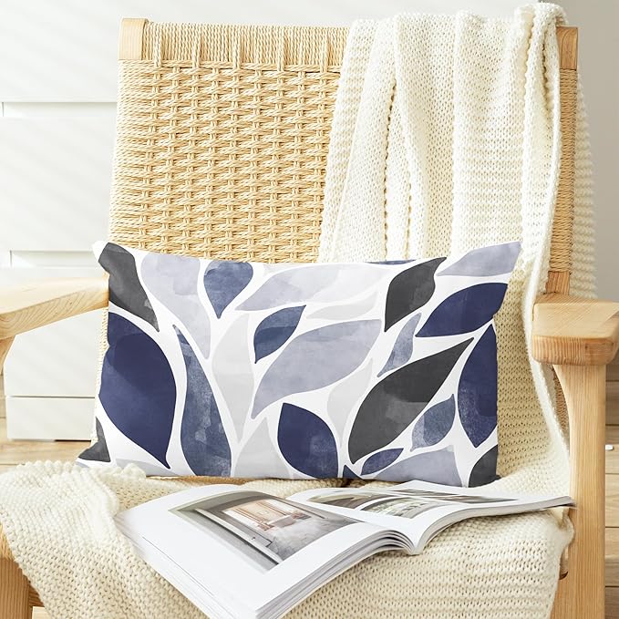 CaliTime Throw Pillow Cases Pack of 2 Cozy Fleece Falling Dahlia Floral Flowers Petals Decorative Cushion Covers for Couch Bed Sofa Farmhouse Decoration 12 X 20 Inches Navy Blue Grey