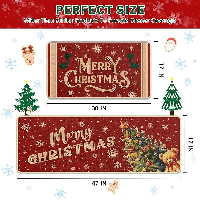 Christmas Snowflake Tree Kitchen Rugs and Mats Non Skid Washable Set of 2, Bear Xmas Kitchen Mats for Floor Decor