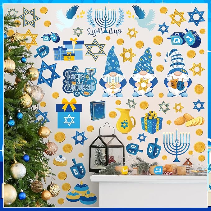 ReliThick Hanukkah Wall Decals & Window Clings - 78 Pcs Blue & Yellow Menorah Star & Gnome Stickers - Party Decor for Living Room, Bedroom & Nursery