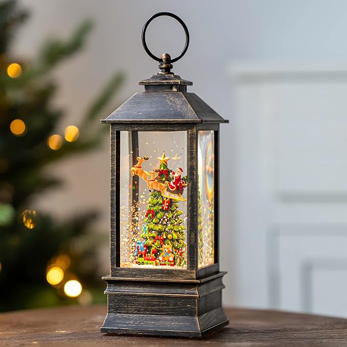 10.4" Christmas Snow Globe Water Lantern with Flying Santa Scene Battery Operated or USB Powered Musical Lighted Holiday Decoration for Tabletop Display for Family and Friends