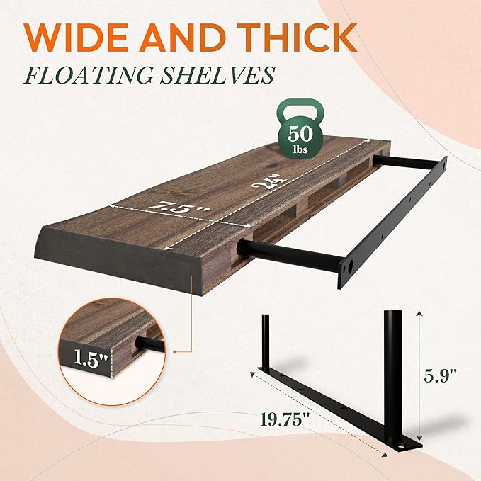 24" Acacia Live Edge Floating Shelves Set of 2 - Wall Mounted Wooden Shelf for Stylish Home Décor - Dark Walnut Color 24x7.5x1.5 Inches