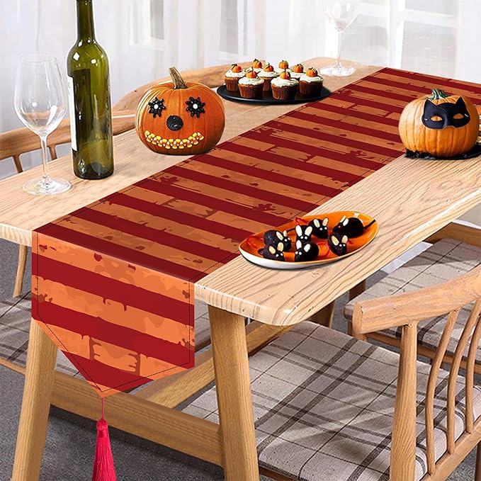 Wehhbtye 2 Pcs Halloween Creepy Table Runner, Bloody Striped Evil Circus Tablerunner with Tassels, Horror Table Decoration for Halloween Themed Party Supplies