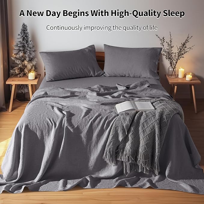 LBRO2M 100% Linen Sheet Set Queen Size, Bed Sheets 4 Piece Sets, Solid Color Natural Flax Bed Sheets Soft Breathable Bedding,16" Deep Pocket,All Season (Queen, Dark Grey)