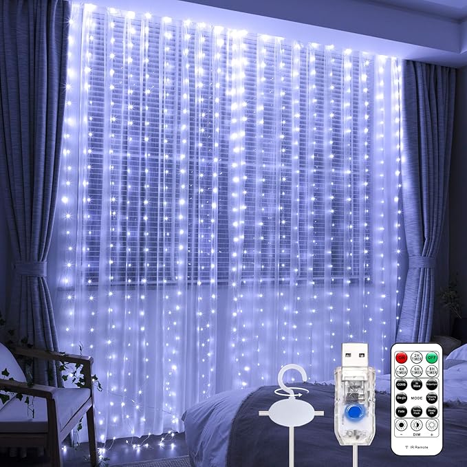 Upgrade 300LED White Curtain Light with Untangled Wires, 9.8ft x 9.8ft Copper Wire String Lights, USB Plug Hanging Window Fairy Lights, 8 Modes & Remote for Home Christmas Wedding Party