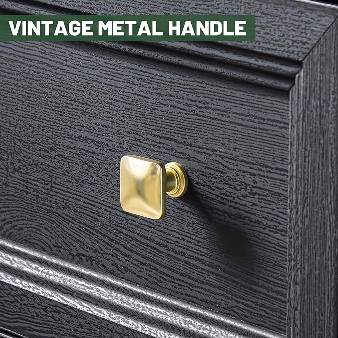 Farmhouse Black Nightstand with 3 Drawers, Rustic Bedside Table with Storage, Large Bed Side Table for Bedroom Living Room Home Office Furniture 24.8” Tall Nightstand with Gold Knobs