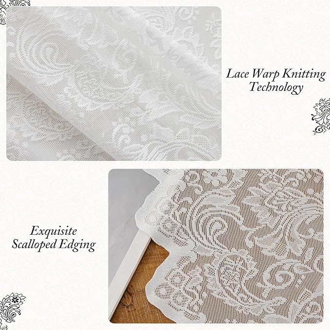 White Lace Sheer Curtains – Vintage Floral Lace for Living Room/Bedroom, Light Filtering Rod Pocket Window Drapes Privacy Chic Window Treatments Scalloped Edge, 52W x 108L Inch, 2-Panel Set