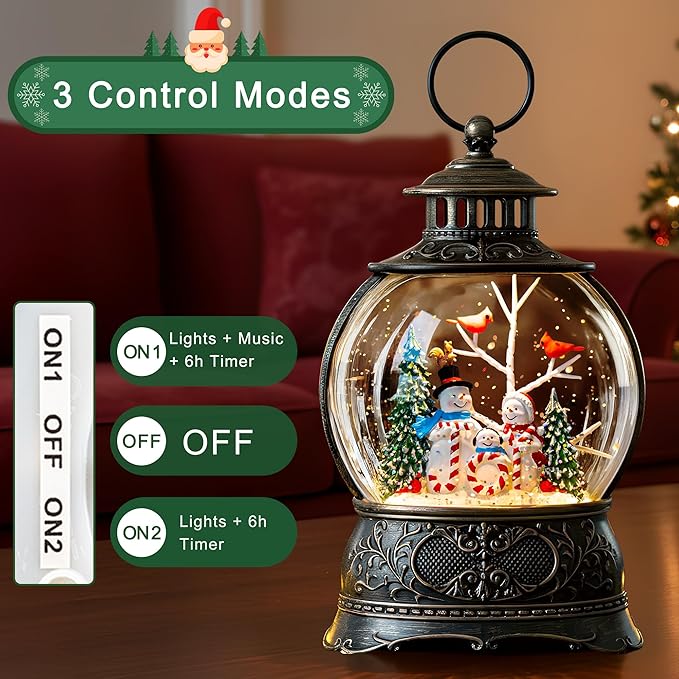 9.8" Christmas Snow Globe Water Lantern with Joy and Snowman Family Scene Battery Operated or USB Powered Musical Lighted Holiday Decoration for Tabletop Display for Family and Friends