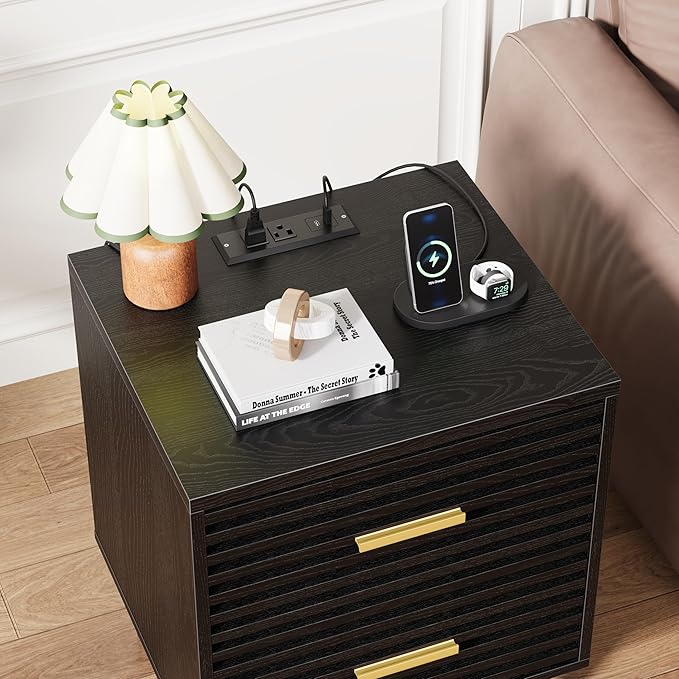 Alohappy Night Stand with Charging Station Set of 2, Bedside Table with 2 Drawers, Mid Century Modern End Table, Bed Side Table with USB Ports and Outlets, Nightstand for Bedroom, Black 2pcs