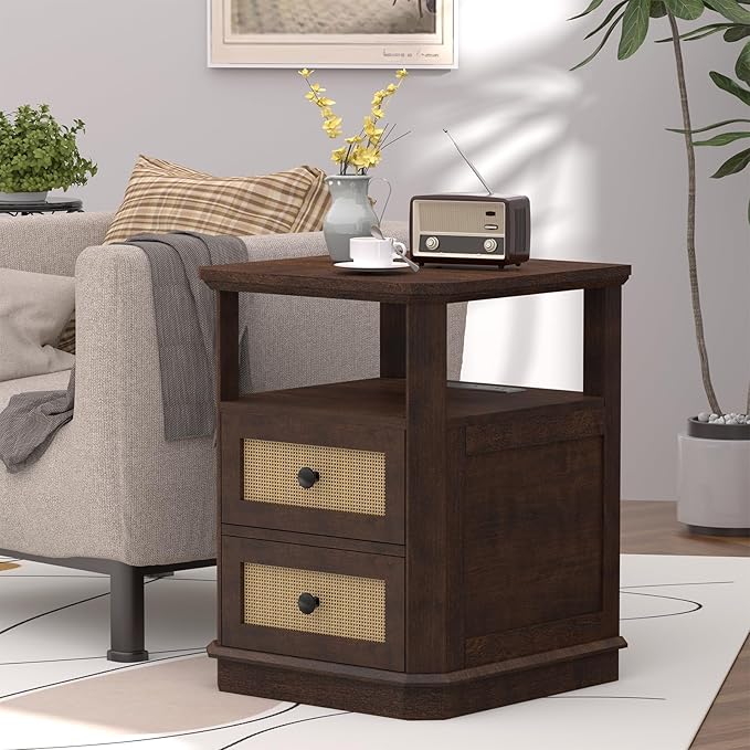 End Table Set of 2 with Charging Station, 24” Tall Sofa Side Table with Rattan Drawer, Anti-Collision Angle Wooden Night Stand for Living Room, Bedroom, Office,Cherry