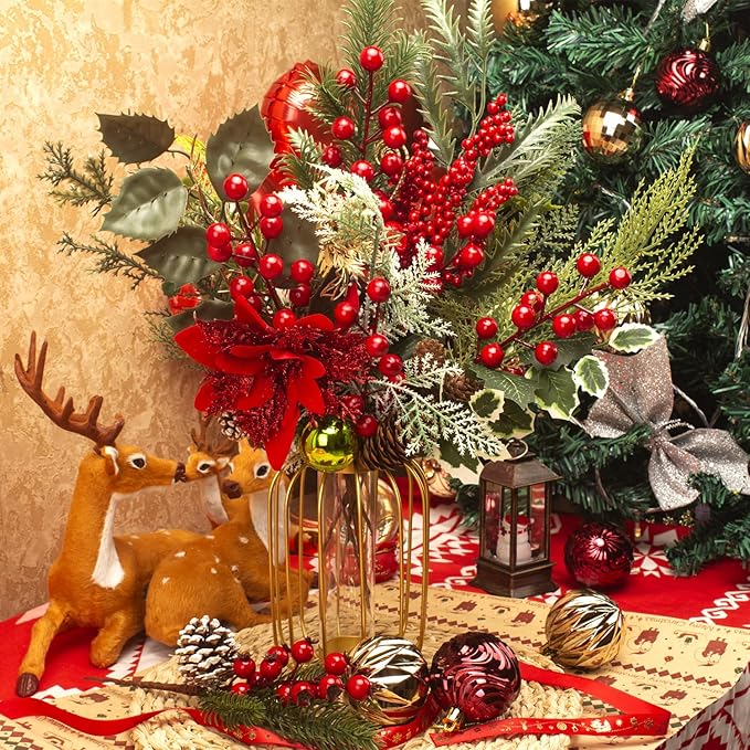 8Pack Artificial Christmas Picks - Assorted Red Berry Picks Stems & Faux Pine Picks Spray with Pinecones, Apples & Holly Leaves for Stunning Holiday Décor & Wreath Creations!